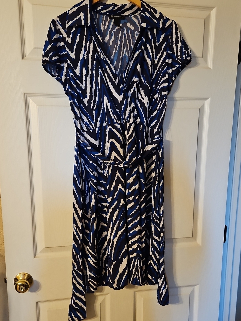 INC International Concepts Navy and White Printed Midi Foe Wrap Dress